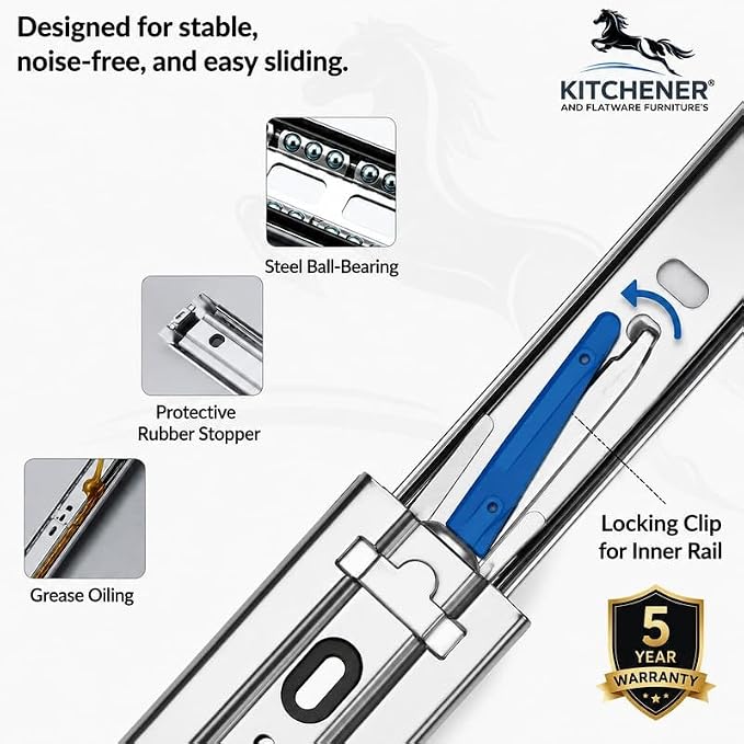 Kitchener Premium Telescopic Drawer Slides for Washing Box, Heavy Duty Ball Bearing Drawer Channel, Galvanized Steel, Side Mount Full Extension, 16 Inch, 1 Box (1 Pair/2 Units) - Image 2