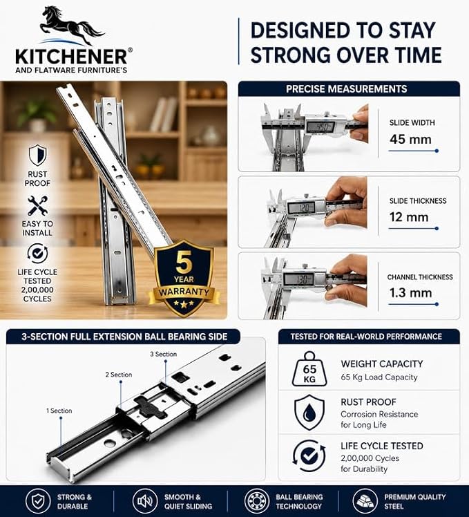 Kitchener Premium Telescopic Drawer Slides for Washing Box, Heavy Duty Ball Bearing Drawer Channel, Galvanized Steel, Side Mount Full Extension, 16 Inch, 1 Box (1 Pair/2 Units) - Image 3