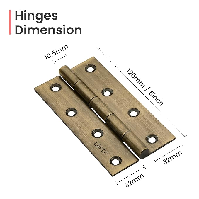 LAPO Premium Door Butt Hinges, 5 Inch x 12 Gauge/2.5mm Thickness, Solid Stainless Steel Hinges, Silent Smooth Function, Suitable for Wooden Doors, 5 Year Warranty, Antique Finish, Pack of 24 - Image 2